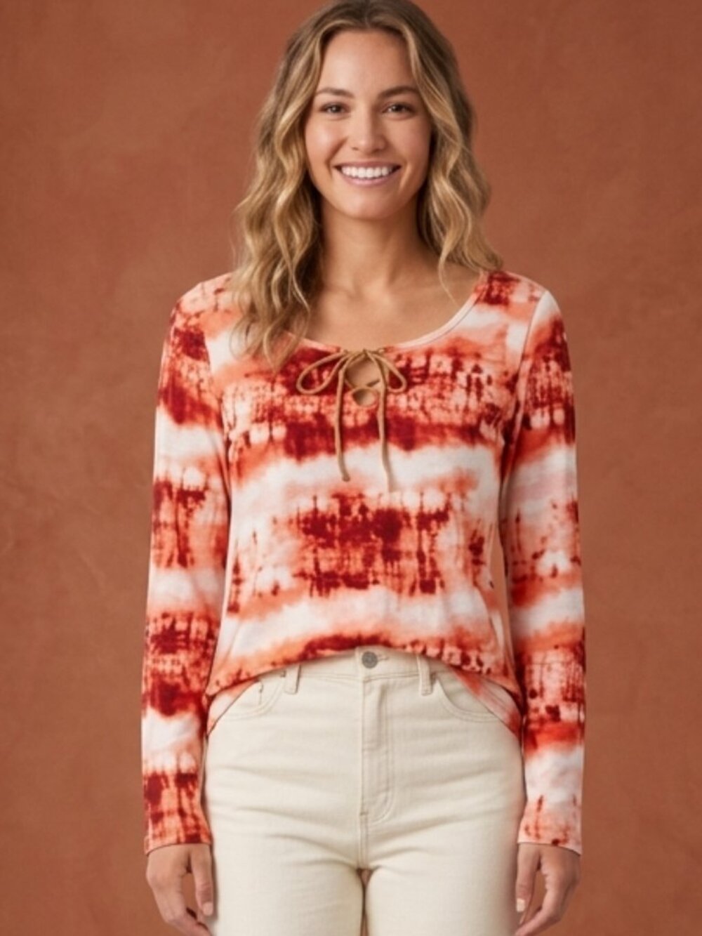 Bobbie Brooks Orange Tie-Dye Boho Lace-Up Shirt Leather Tie Size Medium